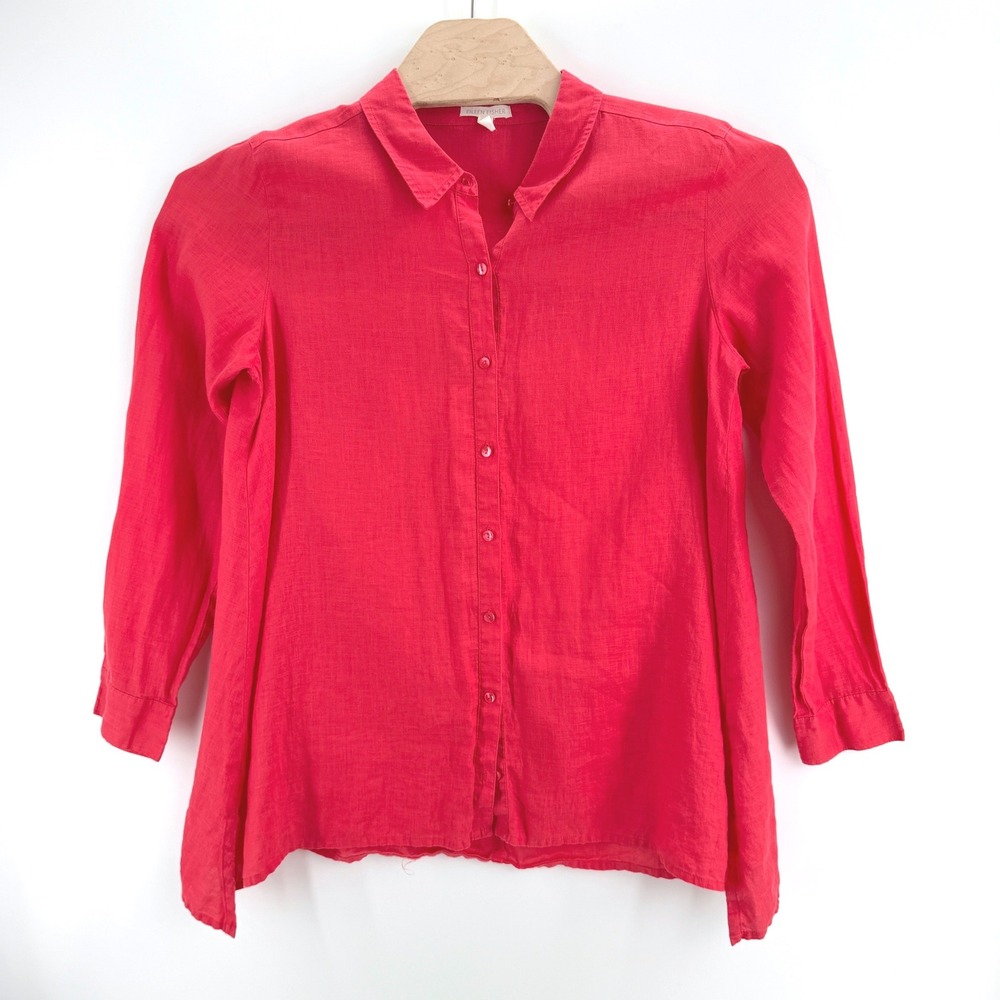 Eileen Fisher Organic Linen Button Down Shirt Size M Coral Long Sleeve Lagenlook